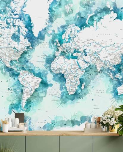 fond d'écran carte du monde détaillé peint à l'aquarelle sarcelle