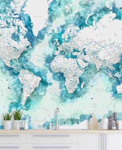 aquarela verde-azulada pintada mapa do mundo detalhado papel de parede
