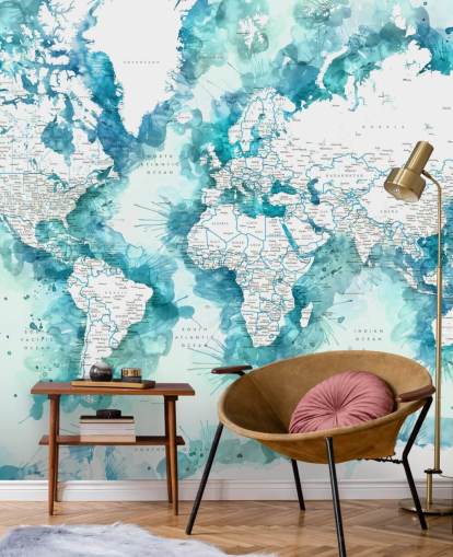 fondo de pantalla de mapa del mundo pintado en acuarela verde azulado