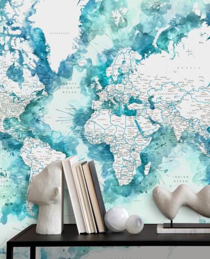 teal watercolour painted detailed world map wallpaper