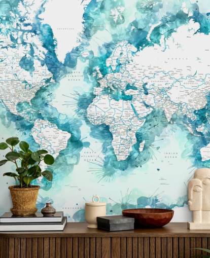 teal watercolour painted detailed world map wallpaper
