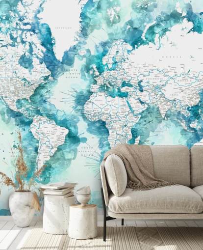 teal watercolour painted detailed world map wallpaper