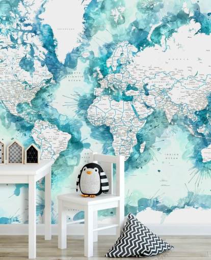 fondo de pantalla de mapa del mundo pintado en acuarela verde azulado