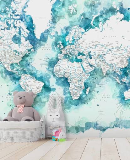 fond d'écran carte du monde détaillé peint à l'aquarelle sarcelle