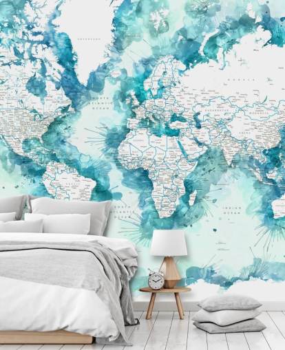 aquarela verde-azulada pintada mapa do mundo detalhado papel de parede