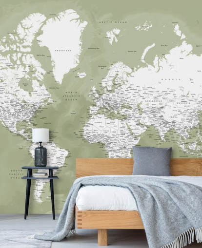 murale con mappa del mondo acquerello verde salvia e bianco