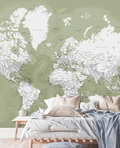 salie groene en witte aquarel wereldkaart muurschildering