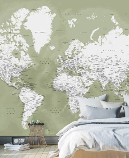 murale con mappa del mondo acquerello verde salvia e bianco