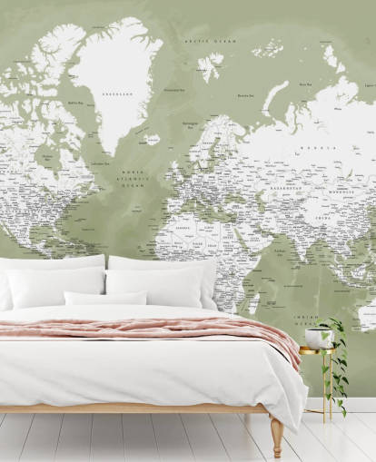 murale con mappa del mondo acquerello verde salvia e bianco