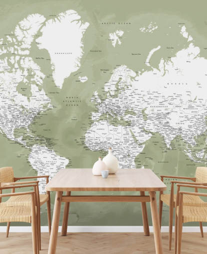 salie groene en witte aquarel wereldkaart muurschildering