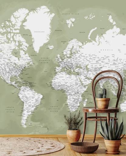 sage green and white watercolour world map wall mural