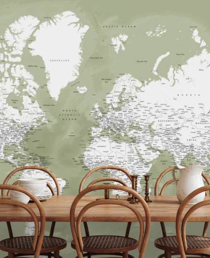 sage green and white watercolour world map wall mural