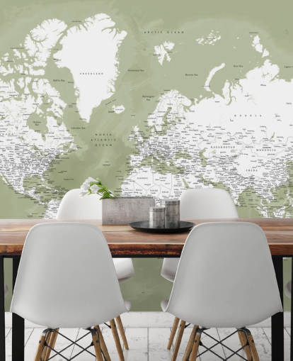 mural de parede do mapa do mundo em aquarela verde e branco sálvia