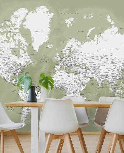 murale con mappa del mondo acquerello verde salvia e bianco