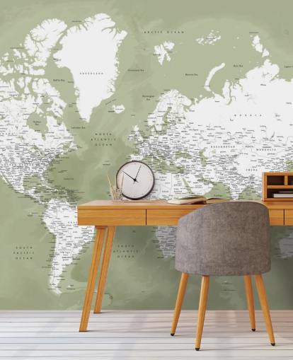 salie groene en witte aquarel wereldkaart muurschildering