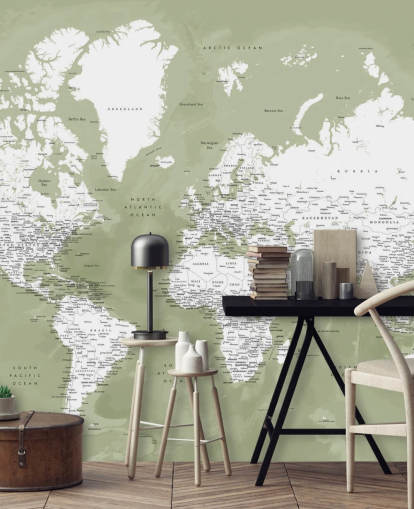 sage green and white watercolour world map wall mural