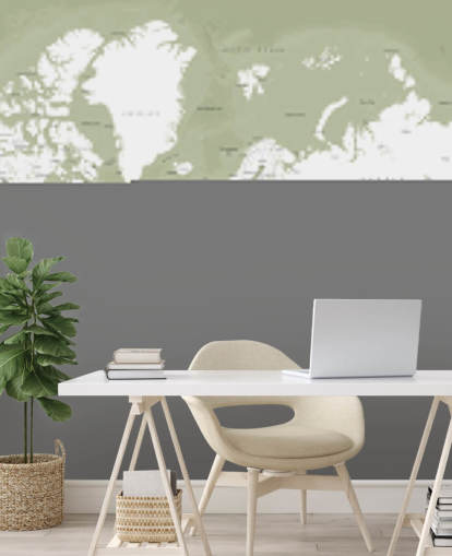 papier peint carte du monde aquarelle vert sauge et blanc
