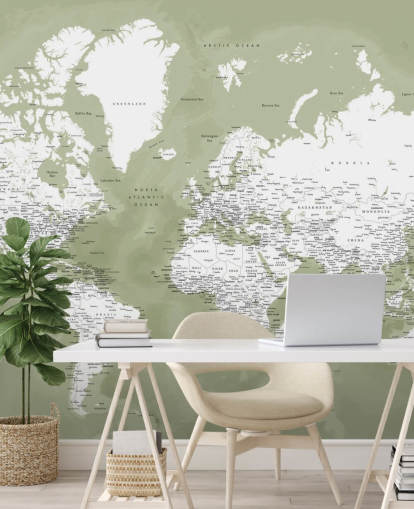 mural de parede do mapa do mundo em aquarela verde e branco sálvia