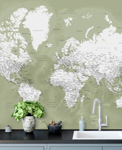 salvie grøn og hvid akvarel verdenskort vægmaleri