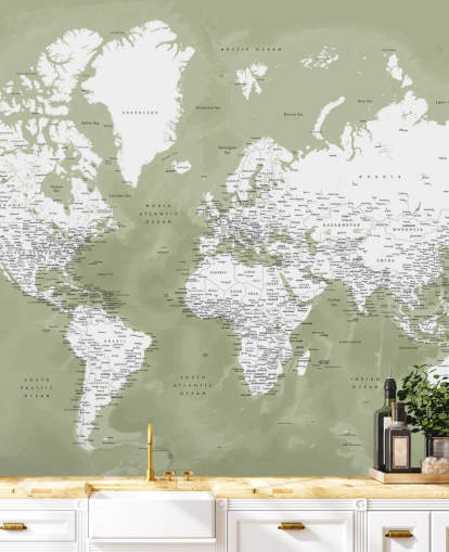 mural de parede do mapa do mundo em aquarela verde e branco sálvia