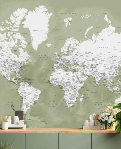 Salbeigrüne und weiße Aquarell-Weltkarte Wandgemälde Salbeigrüne und weiße Aquarell-Weltkarte Wandgemälde