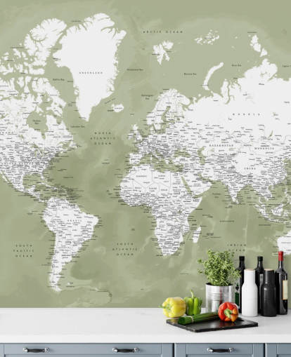 murale con mappa del mondo acquerello verde salvia e bianco