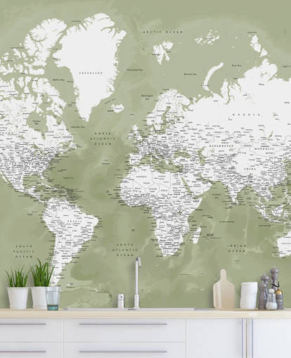mural de parede do mapa do mundo em aquarela verde e branco sálvia