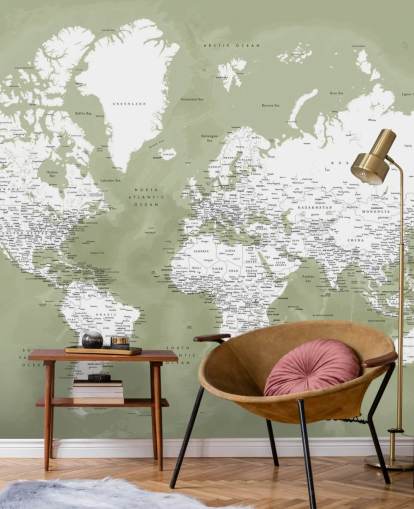 mural de parede do mapa do mundo em aquarela verde e branco sálvia