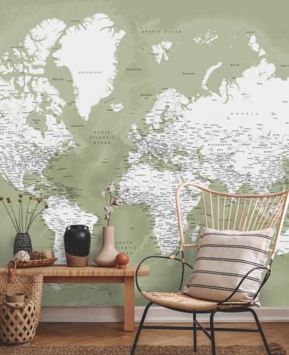 sage green and white watercolour world map wall mural