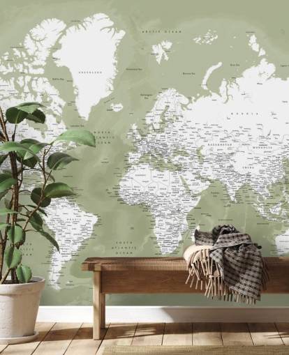 salie groene en witte aquarel wereldkaart muurschildering salie groene en witte aquarel wereldkaart muurschildering