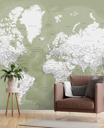 mural de pared mapamundi en acuarela verde salvia y blanca