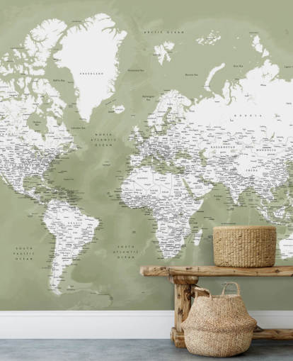 mural de parede do mapa do mundo em aquarela verde e branco sálvia