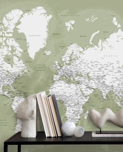 papier peint carte du monde aquarelle vert sauge et blanc