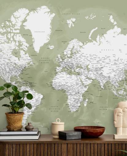 mural de parede do mapa do mundo em aquarela verde e branco sálvia