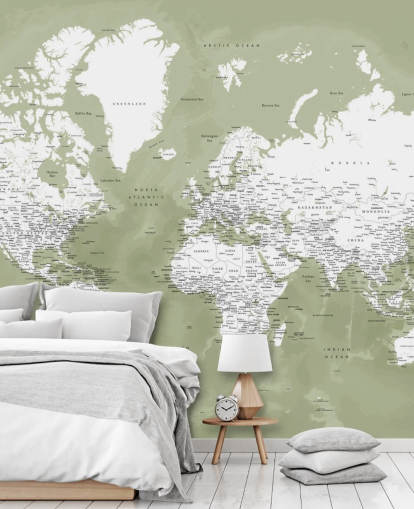 salie groene en witte aquarel wereldkaart muurschildering