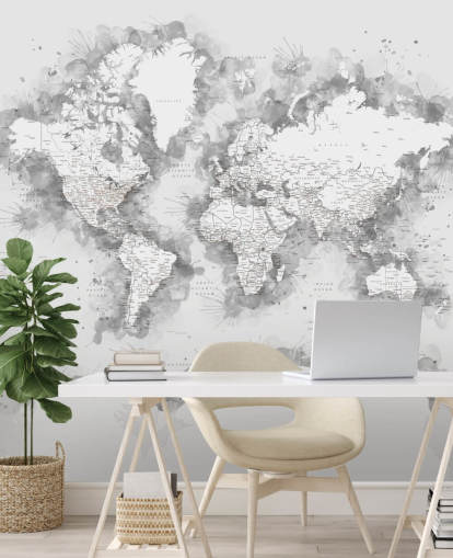 grijze aquarel wereldkaart met groot deel Antarctisch behang