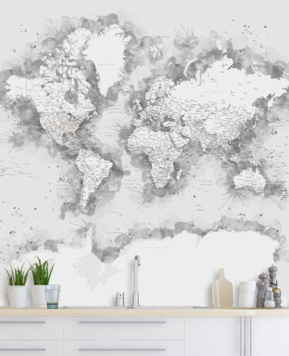 mapa-múndi aquarela cinza com grande parte do papel de parede antártico