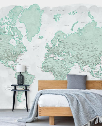 pale gray and mint green world map wallpaper