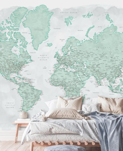 carta da parati con mappa del mondo grigio chiaro e verde menta