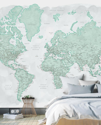 pale grey and mint green world map wallpaper