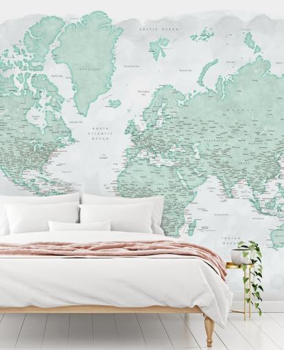 pale gray and mint green world map wallpaper