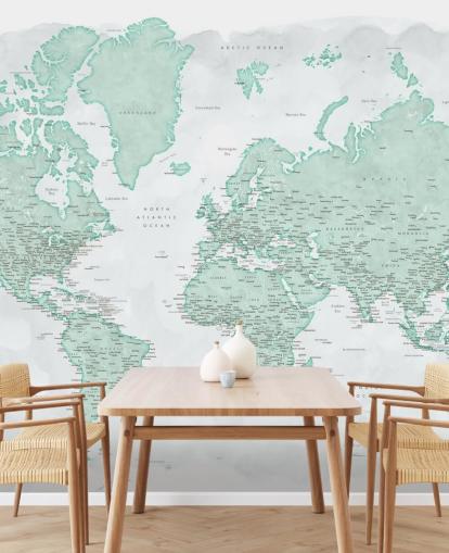 pale grey and mint green world map wallpaper