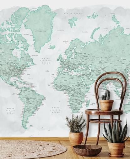 pale gray and mint green world map wallpaper