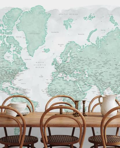 carta da parati con mappa del mondo grigio chiaro e verde menta