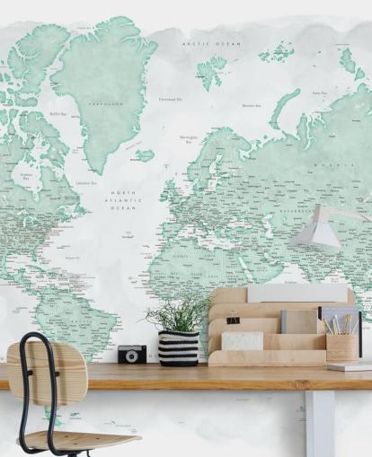 carta da parati con mappa del mondo grigio chiaro e verde menta