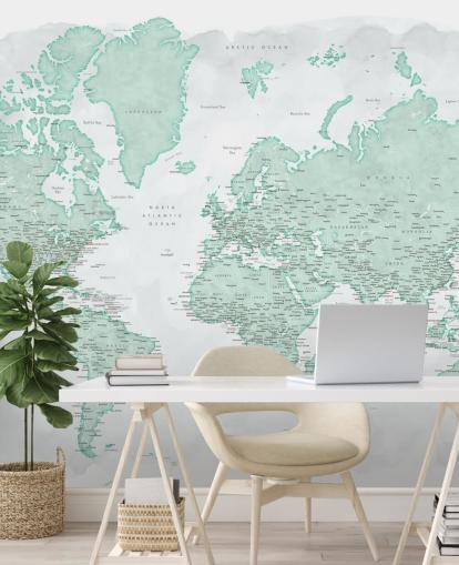 carta da parati con mappa del mondo grigio chiaro e verde menta