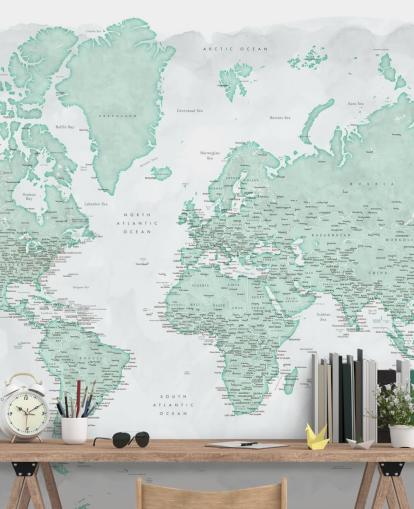 pale grey and mint green world map wallpaper