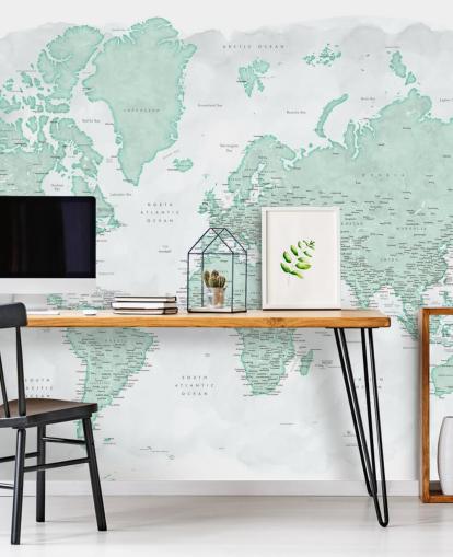 carta da parati con mappa del mondo grigio chiaro e verde menta