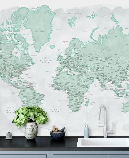 carta da parati con mappa del mondo grigio chiaro e verde menta carta da parati con mappa del mondo grigio chiaro e verde menta