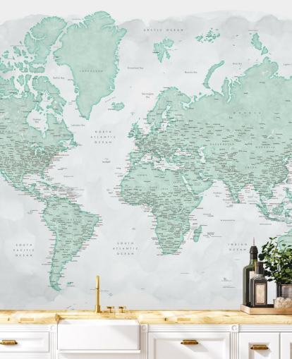 papel de parede do mapa mundial cinza claro e verde menta